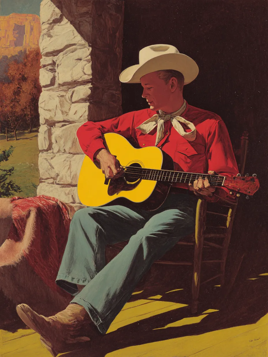 Stone-Fireplace-Cowboy-Guitar-Vintage